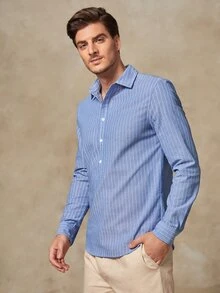 GENTILAND Hombres Camisa con estampado de rayas - Azul - Ver 4