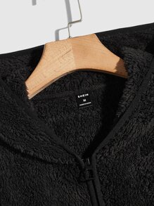 GENTILAND Loose Fit Men's Drop Shoulder Hooded Teddy Jacket - Black - View 3