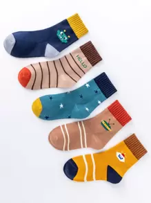 5雙小男童條紋圖案和卡通圖案中筒襪