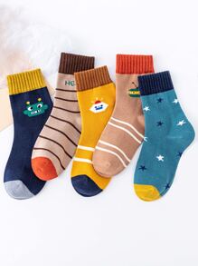 5雙小男童條紋圖案和卡通圖案中筒襪