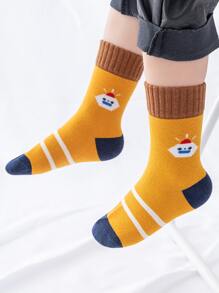 5雙小男童條紋圖案和卡通圖案中筒襪