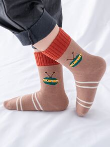 5雙小男童條紋圖案和卡通圖案中筒襪