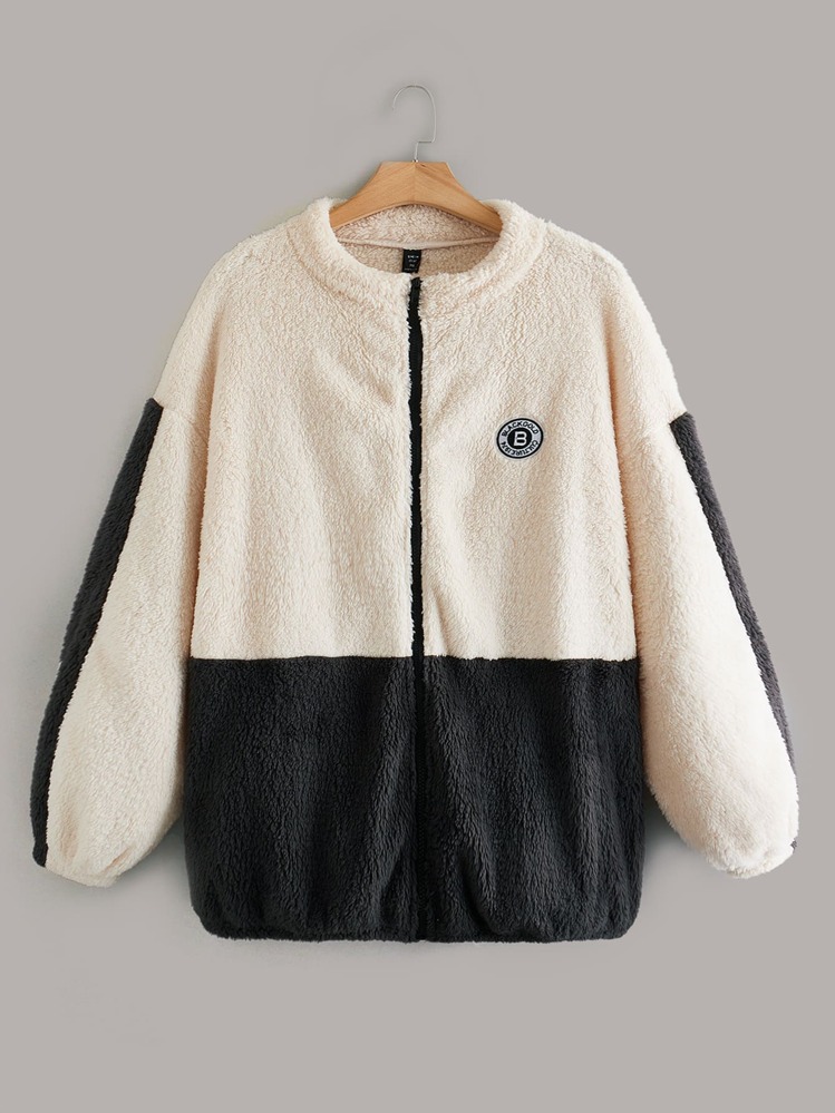 SHEIN EZwear Abrigo teddy de dos tonos con diseño de parche de hombros caídos - Multicolor - Añade 1