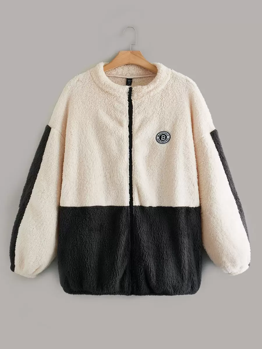 SHEIN EZwear Plus Two Tone Patch Detail Drop Shoulder Teddy Coat - Multicolor - View 1