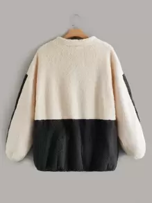 SHEIN EZwear Plus Two Tone Patch Detail Drop Shoulder Teddy Coat - Multicolor - View 2