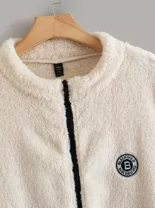 SHEIN EZwear Plus Two Tone Patch Detail Drop Shoulder Teddy Coat - Multicolor - View 3