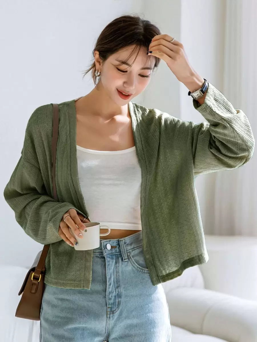 DAZY Solid Drop Shoulder Open Front Crop Top - Olive Green - View 1