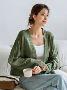 DAZY Solid Drop Shoulder Open Front Crop Top - Olive Green - View 3