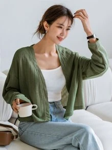 DAZY Solid Drop Shoulder Open Front Crop Top - Olive Green - View 4