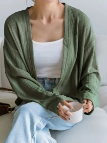 DAZY Solid Drop Shoulder Open Front Crop Top - Olive Green - View 5