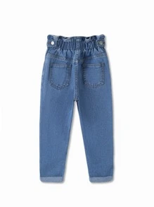 年輕女孩鈕扣開襠收口高腰牛仔褲 - 中等水洗藍 - 查看 2