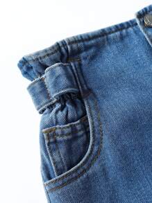 年輕女孩鈕扣開襠收口高腰牛仔褲 - 中等水洗藍 - 查看 4