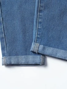 年輕女孩鈕扣開襠收口高腰牛仔褲 - 中等水洗藍 - 查看 8