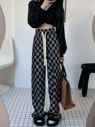 棋盤格抽繩闊腿褲