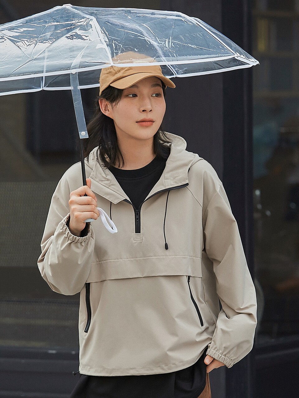 Half Zip Drop Shoulder Drawstring Hooded Jacket