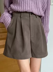 DAZY Solid Plicated Wide Leg Shorts - Mocha Brown - View 1