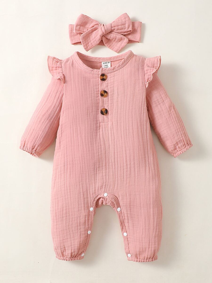 Recién nacido Bebé Mono ribete con fruncido con banda cabeza - Rosa vieja - Ver 1