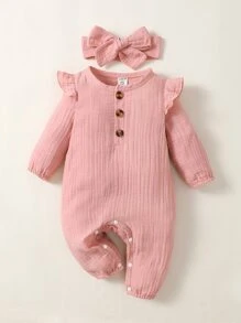 Recién nacido Bebé Mono ribete con fruncido con banda cabeza - Rosa vieja - Ver 7