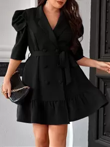 SHEIN Privé Áo vest Plus size Thắt lưng Nút đôi Viên lá sen màu trơn Thanh lịch - màu đen - Xem 1