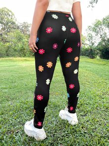 SHEIN Qutie Plus Floral Print Leggings - Black - View 2
