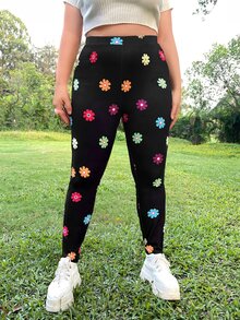 SHEIN Qutie Plus Floral Print Leggings - Black - View 3