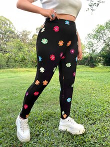 SHEIN Qutie Plus Floral Print Leggings - Black - View 4