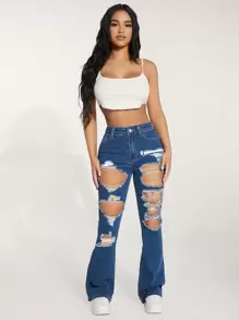 SHEIN PETITE 高腰破洞牛仔喇叭褲 - 深色水洗藍 - 查看 3
