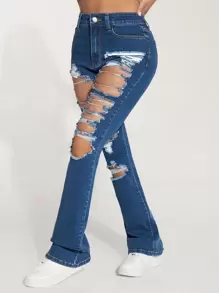 SHEIN PETITE 高腰破洞牛仔喇叭褲 - 深色水洗藍 - 查看 5