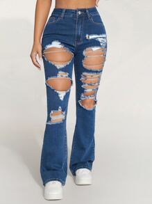 SHEIN PETITE 高腰破洞牛仔喇叭褲 - 深色水洗藍 - 查看 6