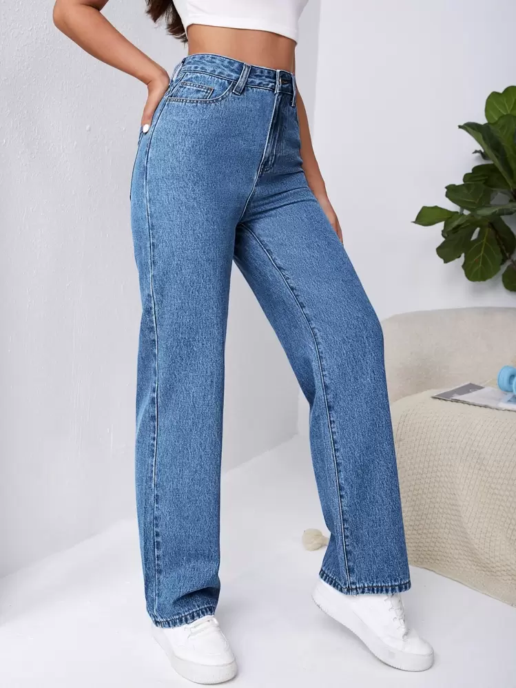 SHEIN Frenchy High Waist Slant Pocket Boyfriend Baggy Jeans Winter Casual - Medium Wash - View 1