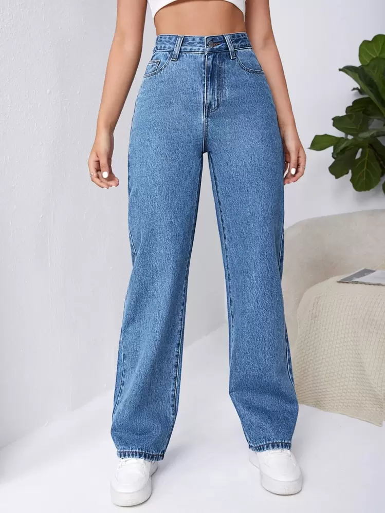 SHEIN Frenchy High Waist Slant Pocket Boyfriend Baggy Jeans Winter Casual - Medium Wash - View 3