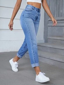 SHEIN EZwear Jeans de ajuste mom de talle alto con lavado bajo crudo sin cinturón - Lavado ligero - Ver 1