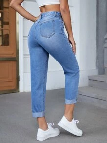 SHEIN EZwear Jeans de ajuste mom de talle alto con lavado bajo crudo sin cinturón - Lavado ligero - Ver 2