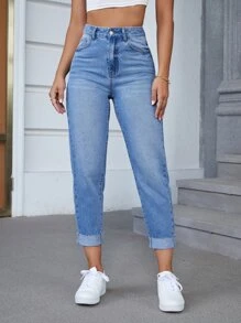 SHEIN EZwear Jeans de ajuste mom de talle alto con lavado bajo crudo sin cinturón - Lavado ligero - Ver 4