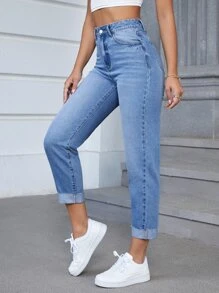 SHEIN EZwear Jeans de ajuste mom de talle alto con lavado bajo crudo sin cinturón - Lavado ligero - Ver 5