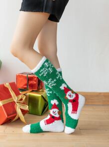 1pair Christmas Pattern Plush Over Knee Socks - Multicolor - View 1