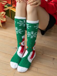 1pair Christmas Pattern Plush Over Knee Socks - Multicolor - View 2