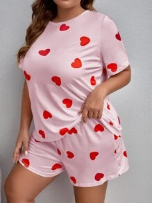 SweetSlumber Plus Heart Pattern PJ Set / Pajama Set - Baby Pink - View 1