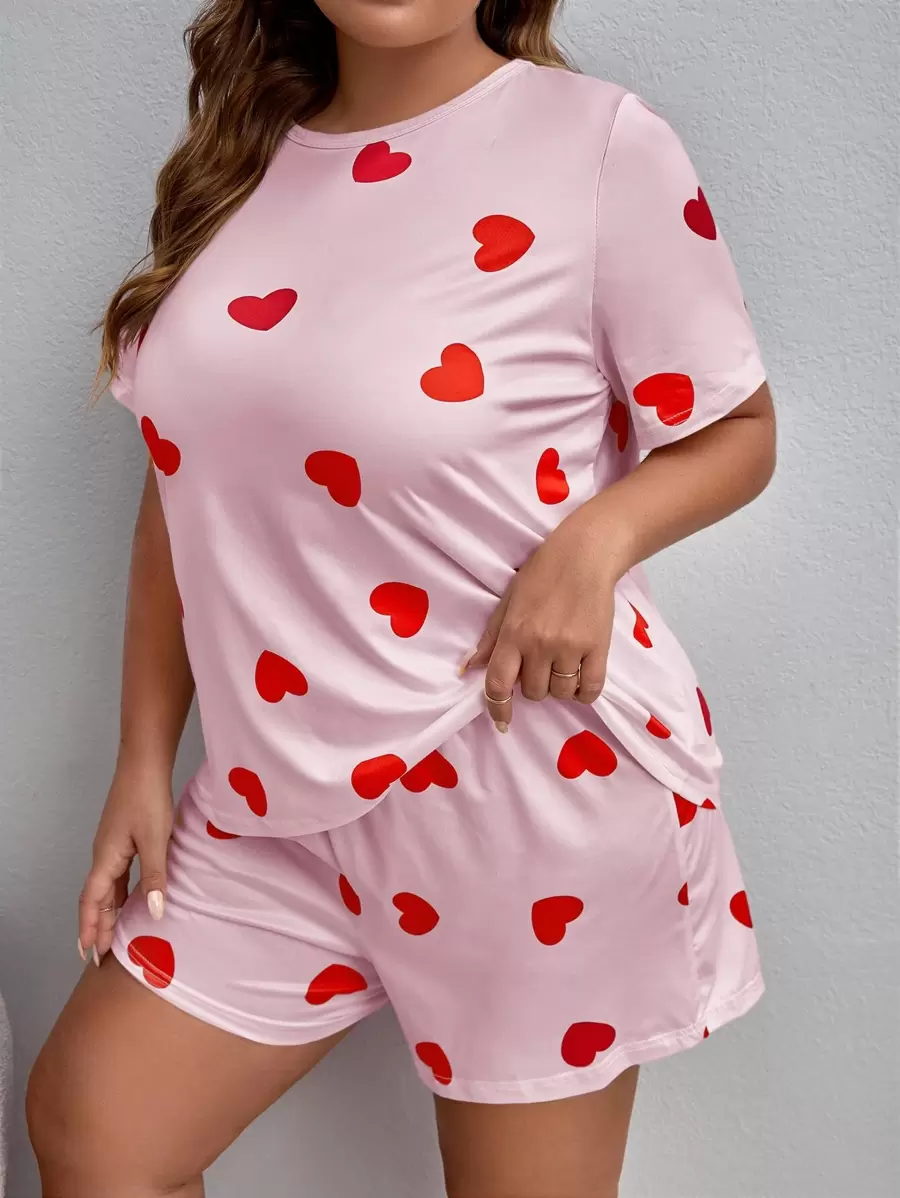 SweetSlumber Plus Heart Pattern PJ Set / Pajama Set - Baby Pink - View 1