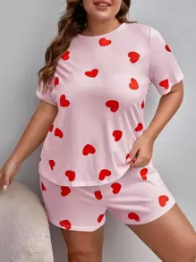 SweetSlumber Plus Heart Pattern PJ Set / Pajama Set - Baby Pink - View 3