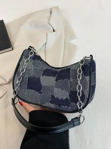 Bolso baguette mezclilla de color combinado con cadena - Multicolor - Ver 2