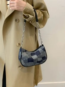 Bolso baguette mezclilla de color combinado con cadena - Multicolor - Ver 3