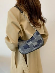 Bolso baguette mezclilla de color combinado con cadena - Multicolor - Ver 7