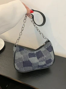 Bolso baguette mezclilla de color combinado con cadena - Multicolor - Ver 6