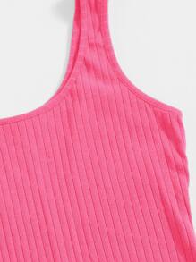 SHEIN EZwear 大圓領羅紋針織背心彈力緊身連身短褲 - 粉色 - 查看 5