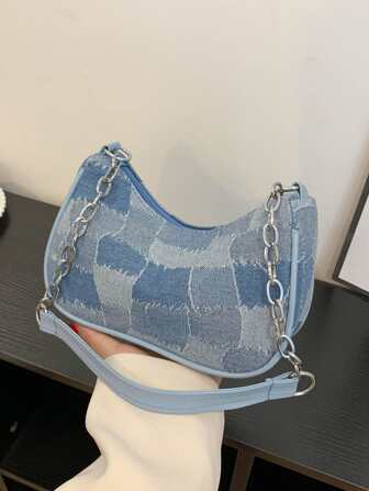 Geometric Pattern Chain Decor Denim Bag, Vintage Jean Purse For Women