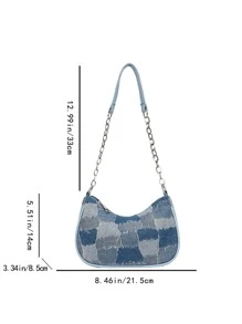 Bolso de mezclilla con decoración de cadena y patrón geométrico, bolso de mezclilla vintage para mujer - Multicolor - Ver 3
