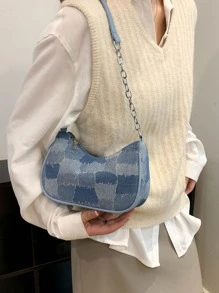 Bolso de mezclilla con decoración de cadena y patrón geométrico, bolso de mezclilla vintage para mujer - Multicolor - Ver 6