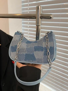 Bolso de mezclilla con decoración de cadena y patrón geométrico, bolso de mezclilla vintage para mujer - Multicolor - Ver 9