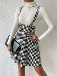 SHEIN Essnce Houndstooth Print Criss Cross Back Suspender Dress - Black and White - View 1